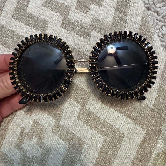 Accessories - Round Black & Gold Embellished Women's Sunglasses